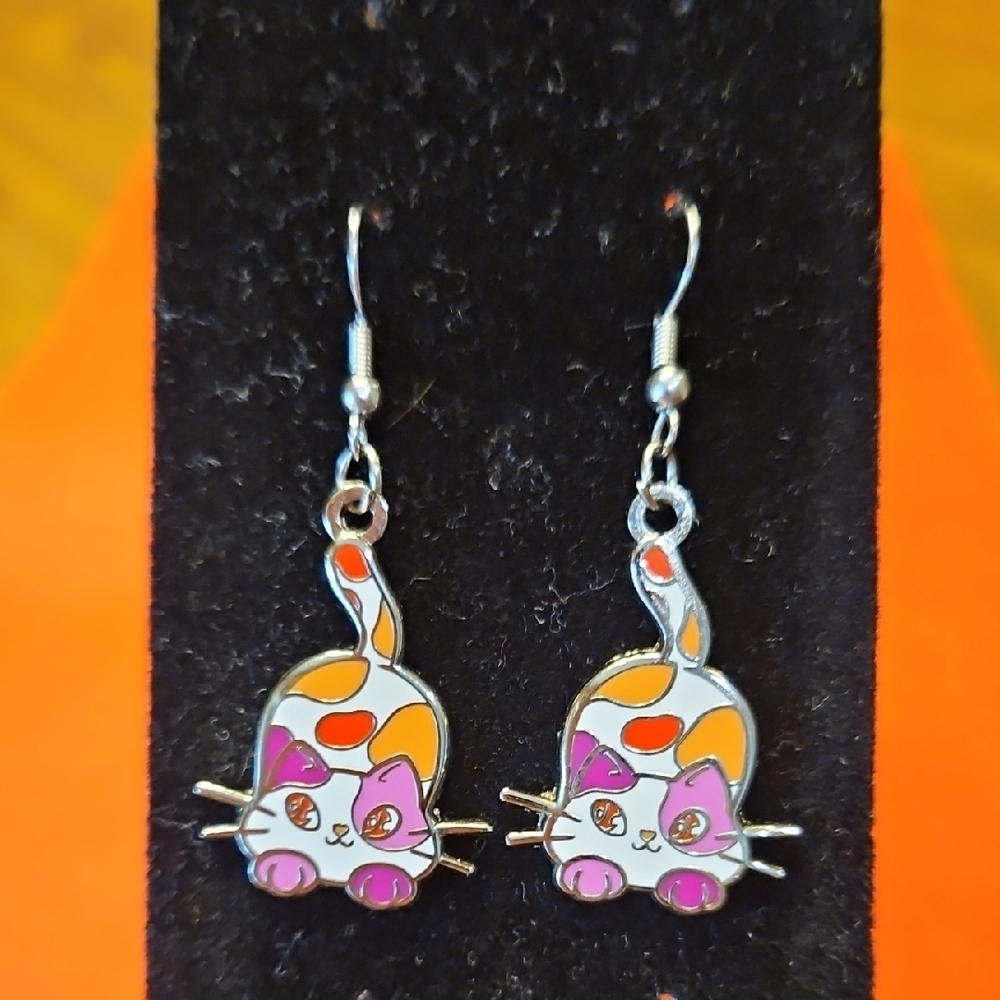 Calico Cat Pierced Dangle Earrings